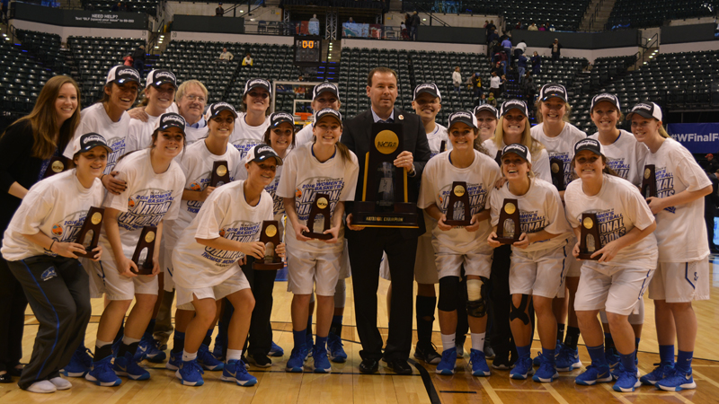 Thomas More celebrating the 2015-16 National Championship.